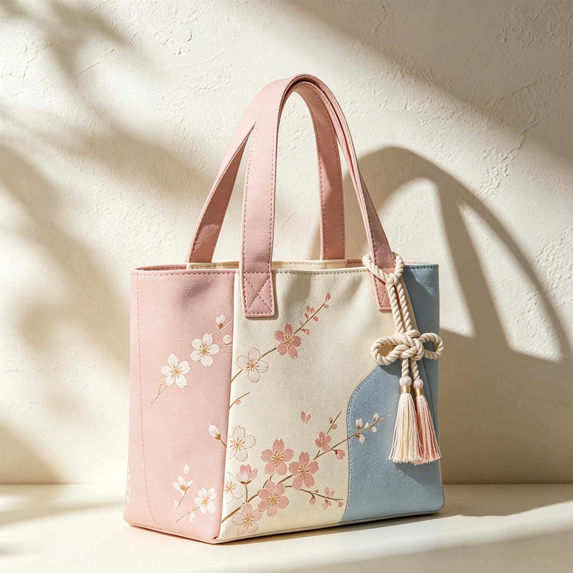 桜の刺繍入り 3トーン切り替えキャンバストートバッグ（フェミニン・スタイル）