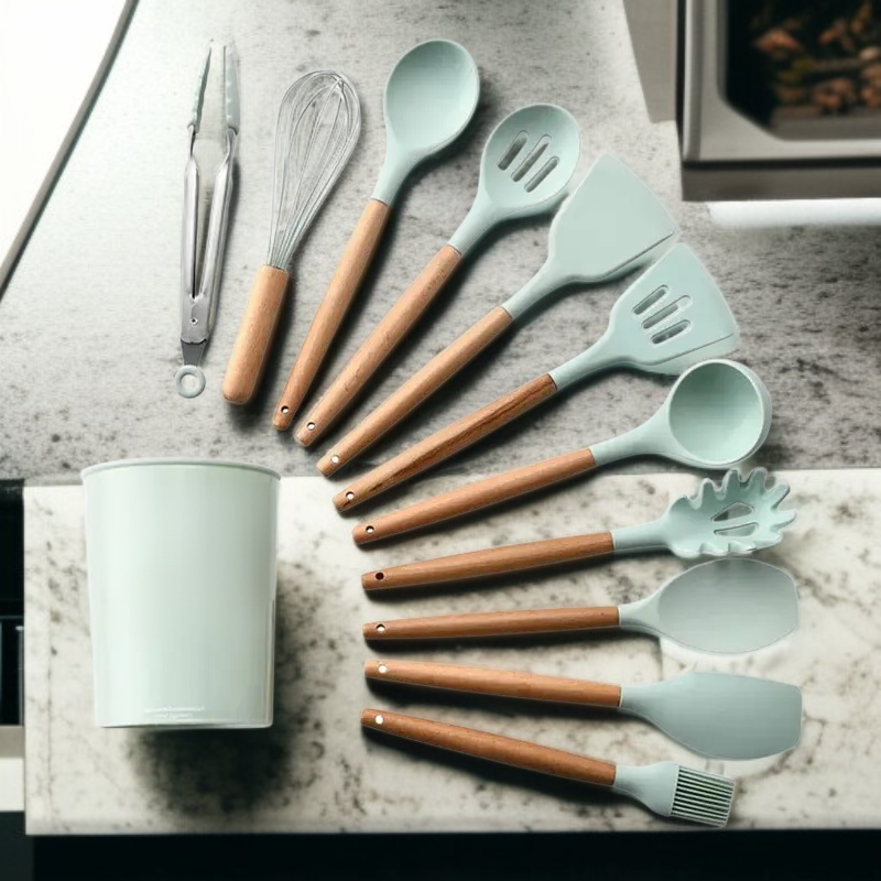 연두색 실리콘 주방용품 세트 논스틱 냄비용 나무손잡이