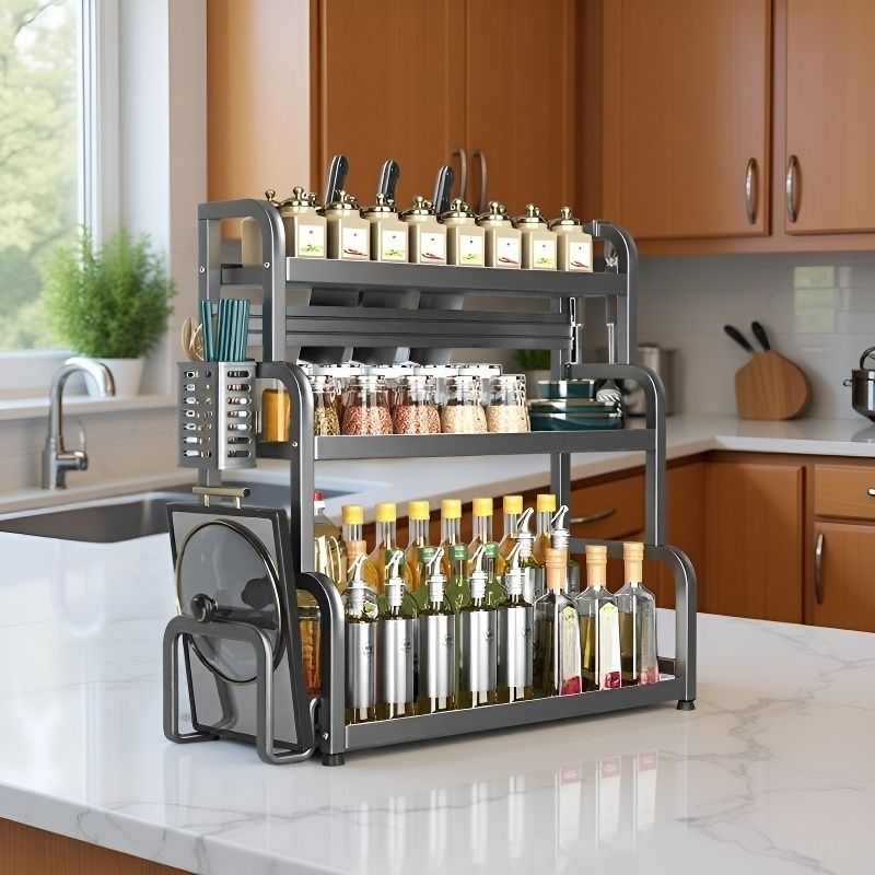 Organizador de cocina de acero al carbono con utensilios y especias