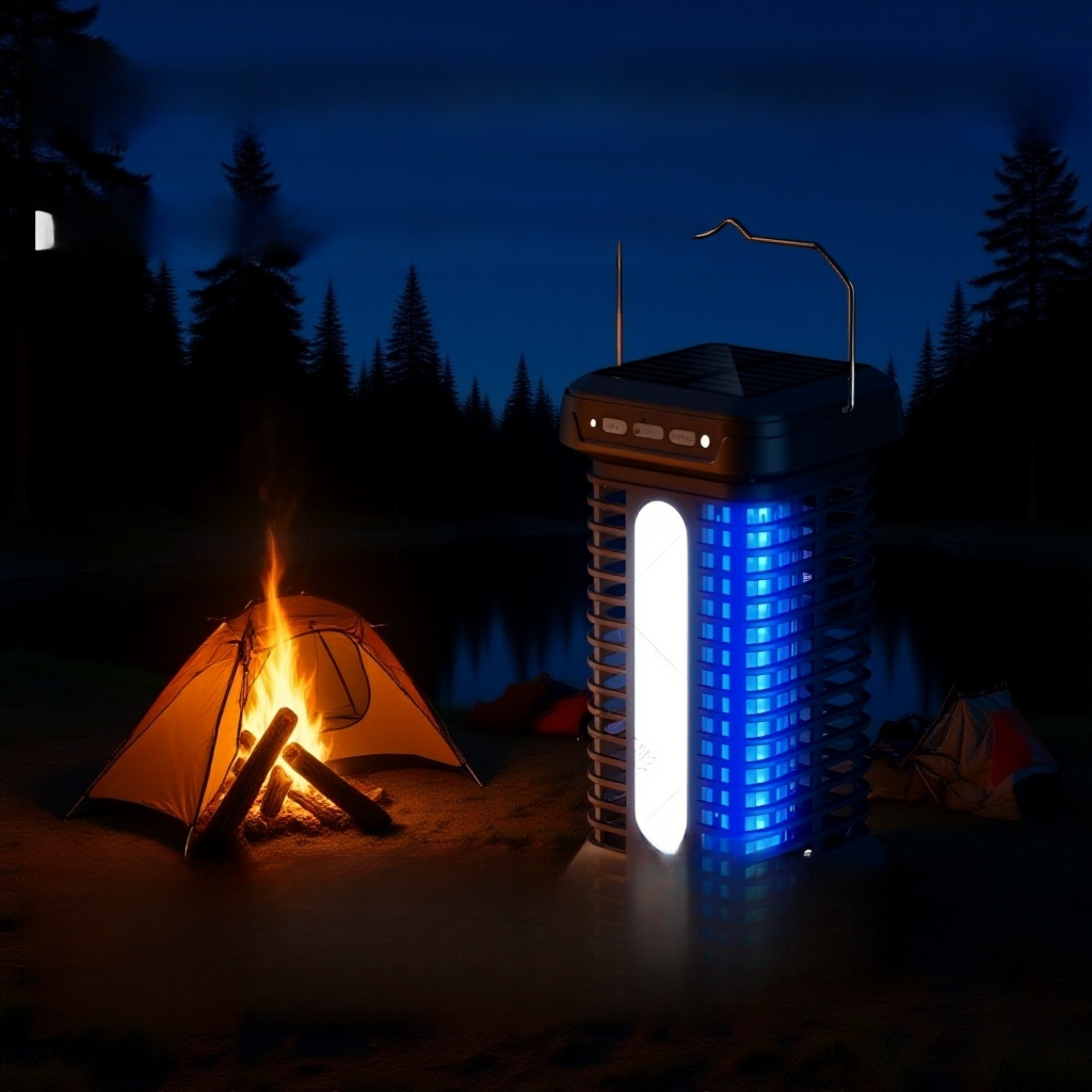 Mosquito killer lamp illuminating backyard at night