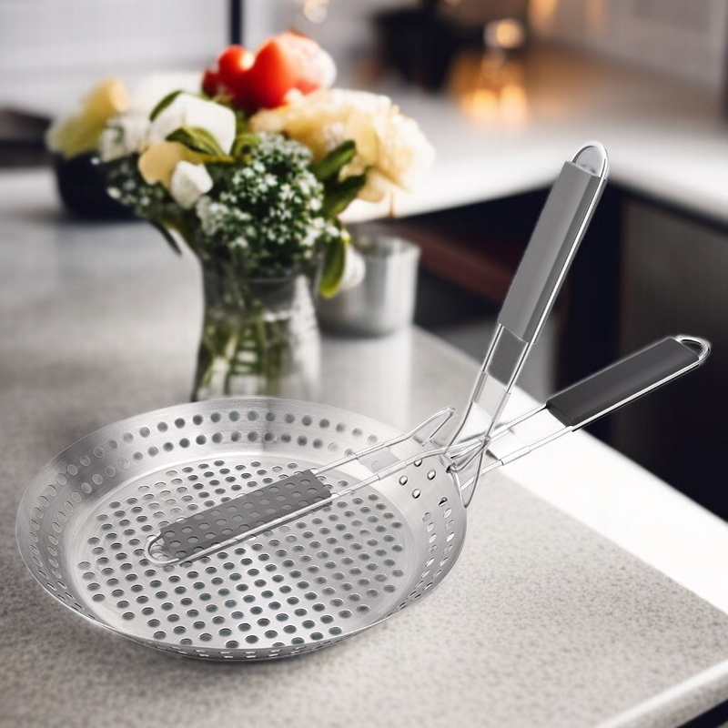 휴대용 Bbq 불판 야외 접이식 야채판 원형 펀칭 불판 나무 손잡이 야외 바베큐 접시