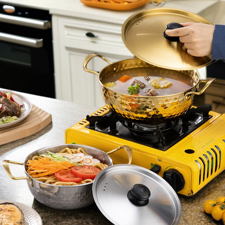 Cazuela y sartén dorada duradera de doble asa, especial para cocina de inducción y fideos