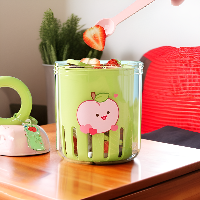 포크와 도파민 배출구가 있는 이중벽 과일 컵