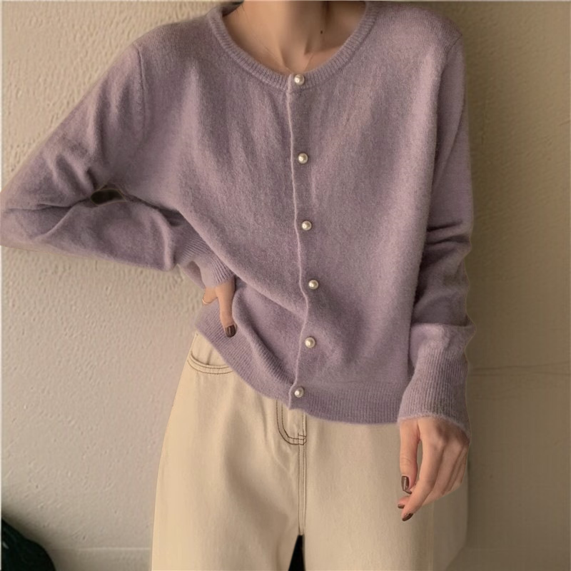 여성 니트 가디건 긴팔 솔리드 상의 진주 버클 여성 봄가을 라운드 니트 가디건 부드러운 니트 코트