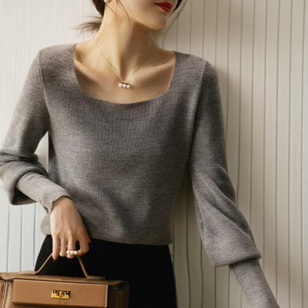 ジャンパー女性気質ニットボトムシャツスクエアネックランタンスリーブニットウェアエレガントなインナートップス