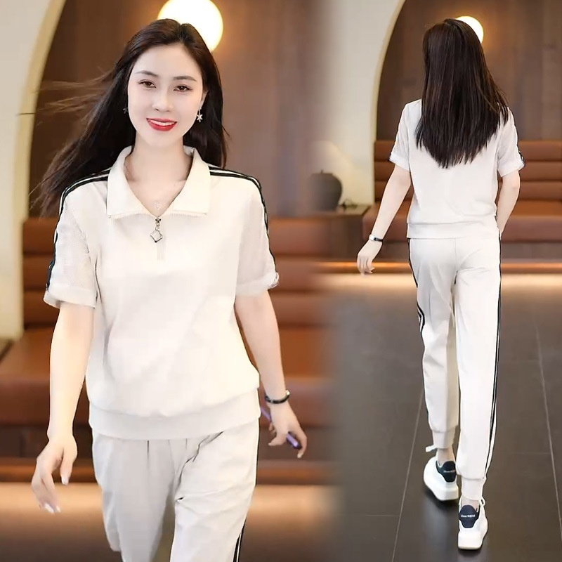 ชุดเสื้อกางเกงกีฬาผ้าฝ้ายแบบสองตัวดูผอม 