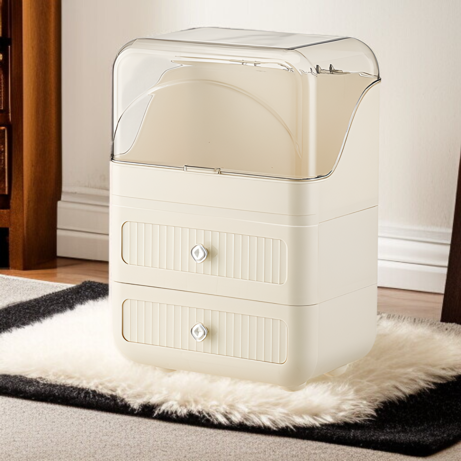 Große Kosmetik-Organizer-Box im Creme-Stil, staubdicht, mit Schublade