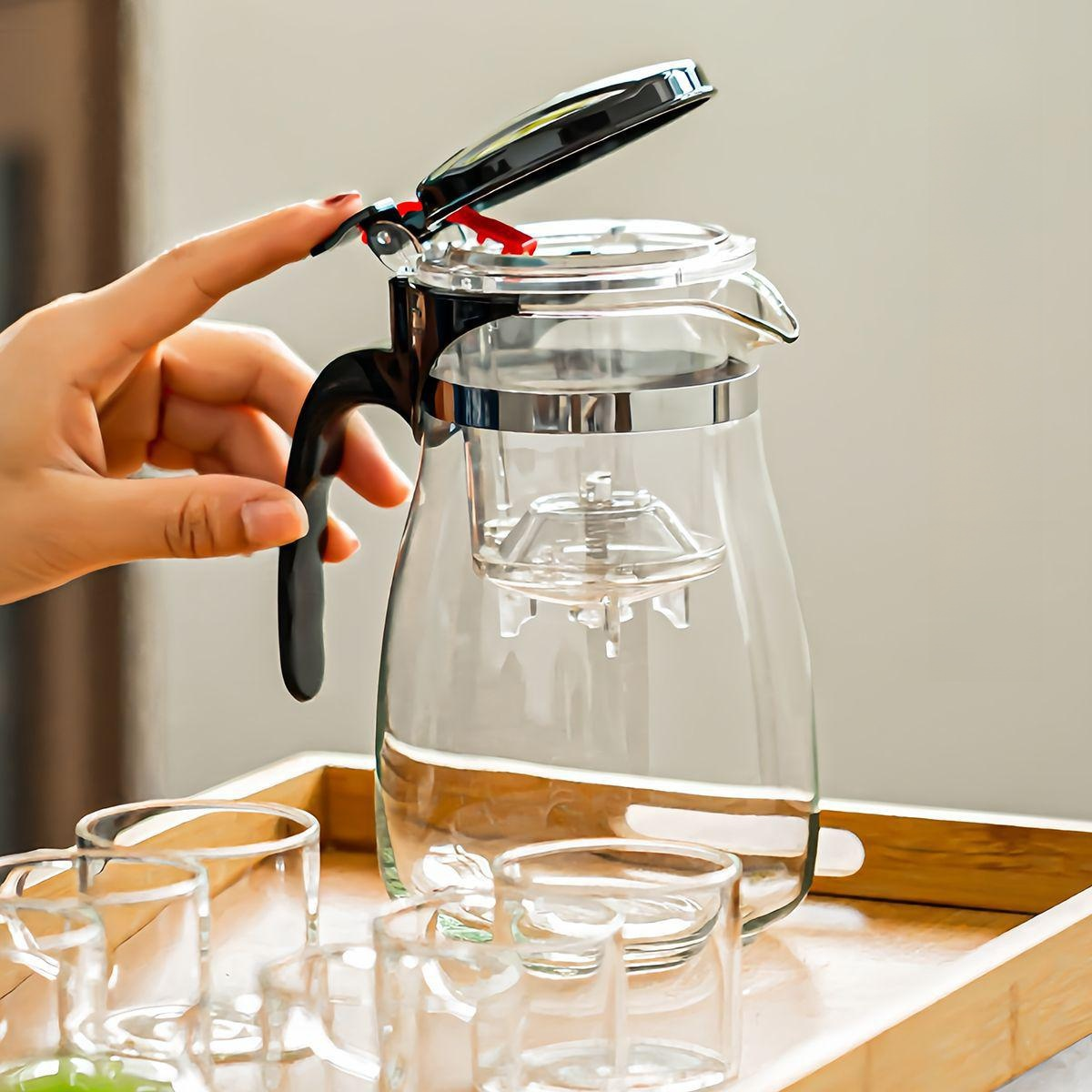 Hitzebeständige und explosionssichere Glasteekanne, Ein-Knopf-Filter, geeignet für Tee und Wasser