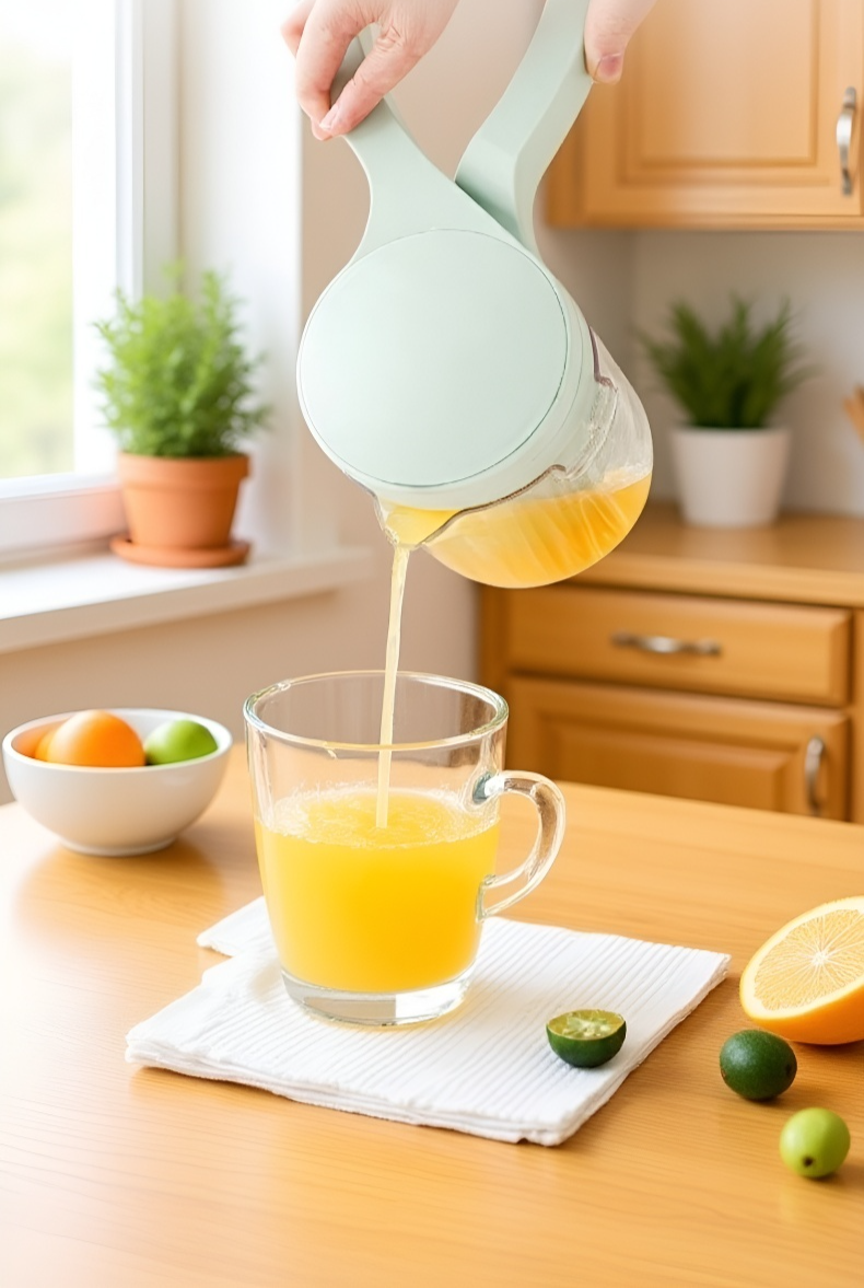 과일을 착즙하는 수동 나선형 압출기 사용 장면