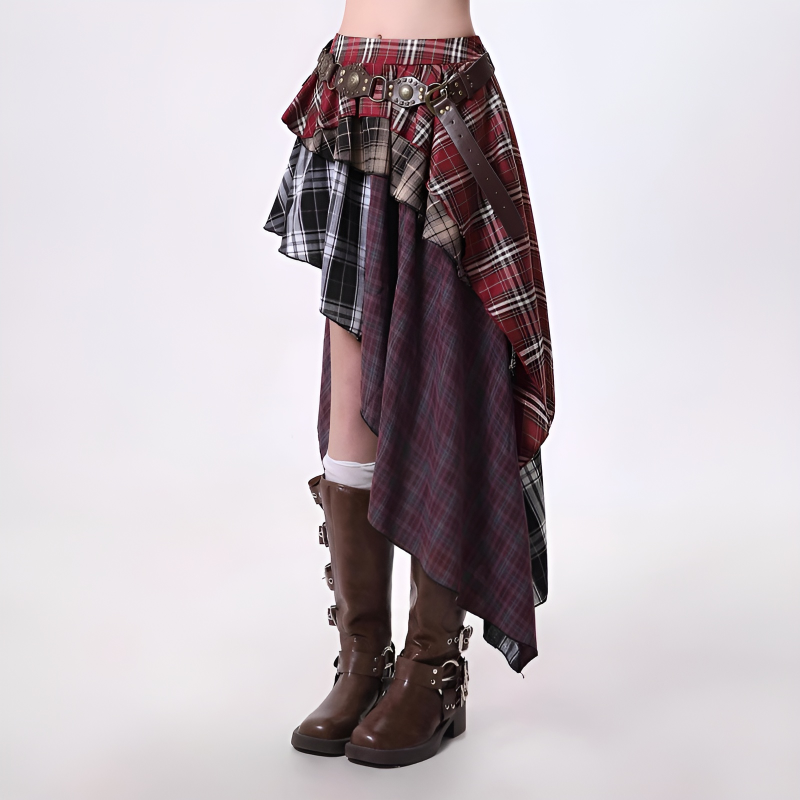 Retro Asymmetrical Plaid Skirt