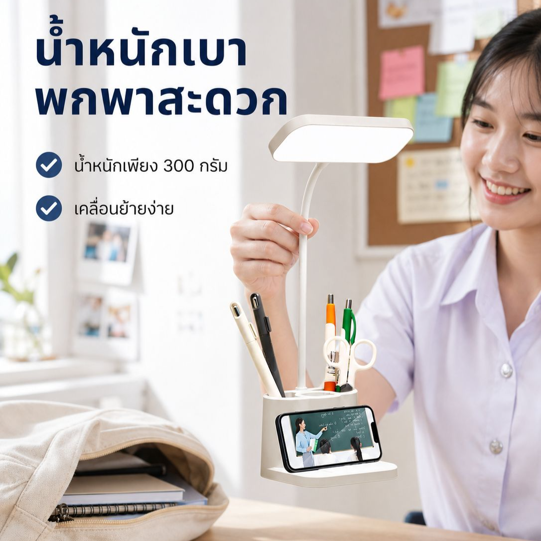 โคมไฟ LED ตั้งโต๊ะสำหรับนักเรียน มัลติฟังก์ชั่น พร้อมที่ใส่ปากกา ชาร์จไฟได้ ถนอมสายตา ใช้ในหอพัก