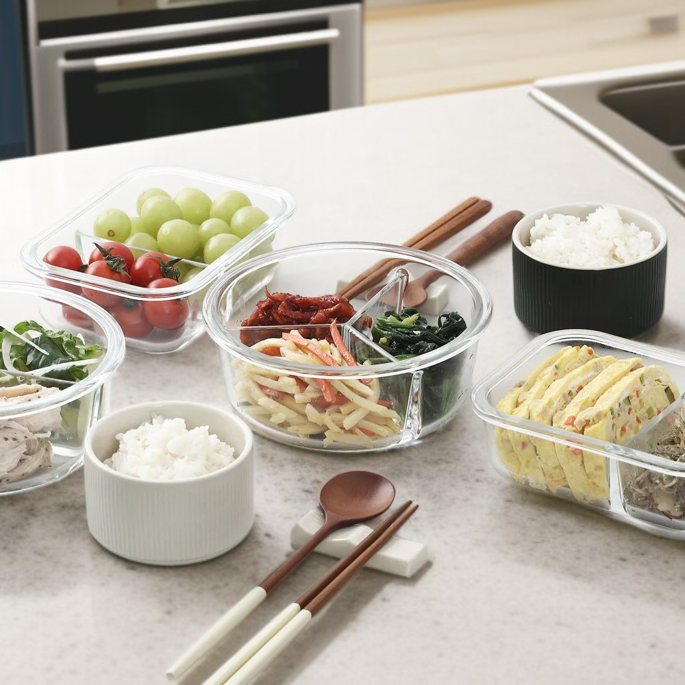 حاوية مقسمة للطعام من الزجاج المقاوم للحرارة (دائرية، 3 أقسام، 2 قطعة)