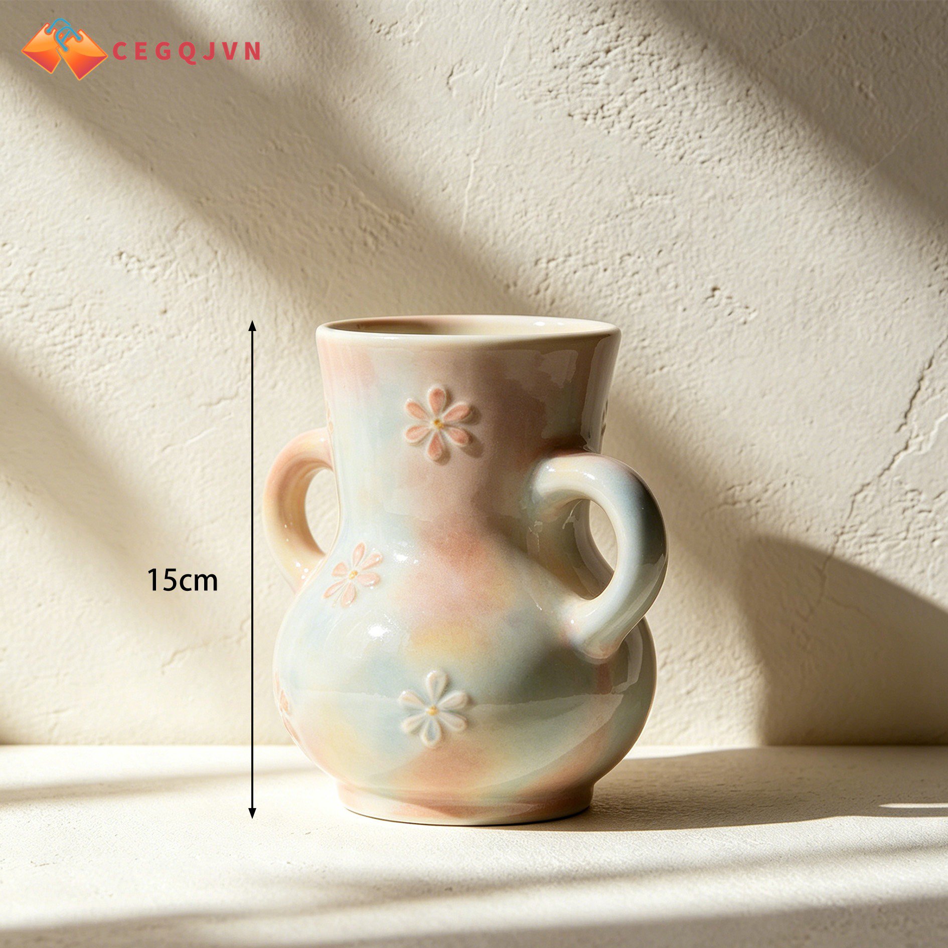 Double-eared vase front view with floral arrangement