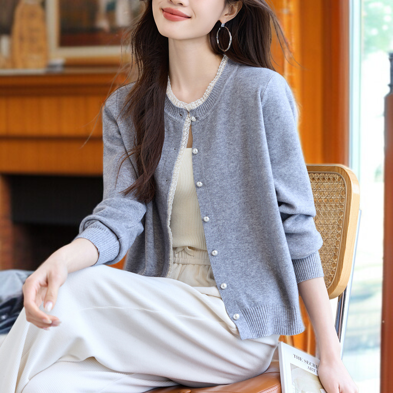 여성 그레이 니트 가디건 아우터 무드 상의 레이스 긴팔 니트