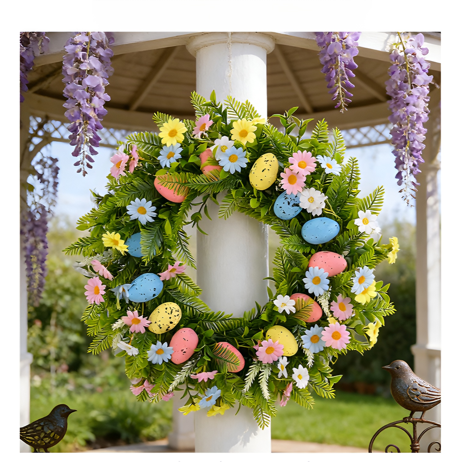 봄 테마의 이스터 리스 45cm, 달걀 장식과 베리, 유칼립투스 잎