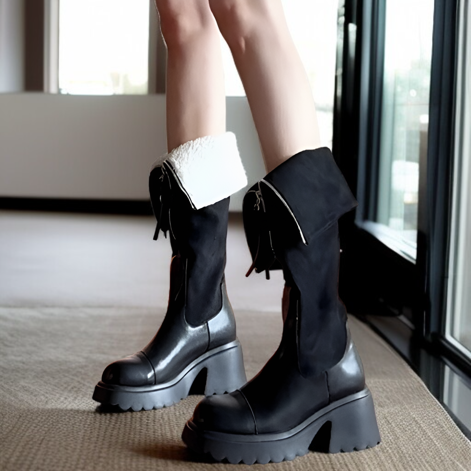 個性的なカラー配色のロングブーツ