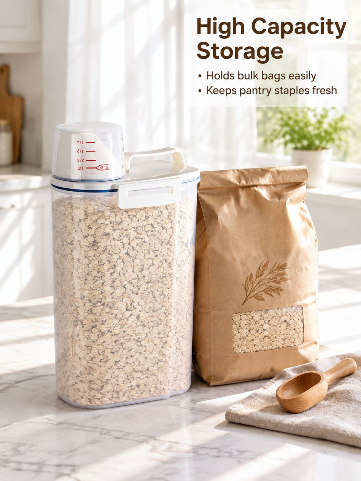 Dry food storage container for cereal, oats, and grains