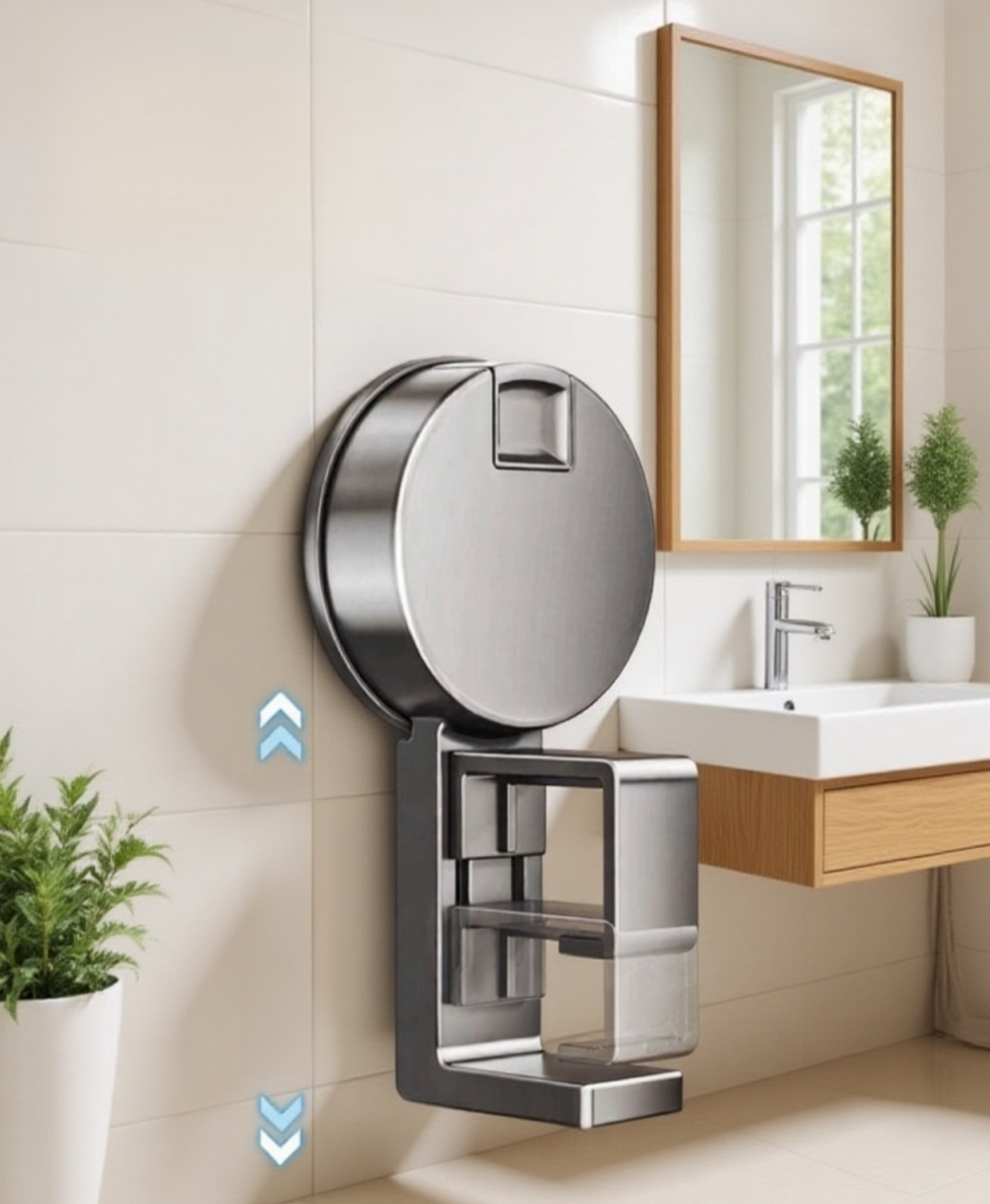 수건과 세면도구를 올려놓은 흡착식 선반