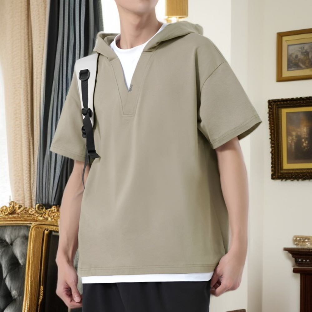 春夏メンズストリート系ヘビーコットンフード付き半袖Tシャツ M-3XL