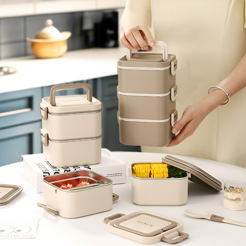 스테인리스 스틸 도시락 상자 휴대용 식품 보관 용기 칸막이 도시락 상자 전자레인지용 학생 도시락 상자 단열 식기류