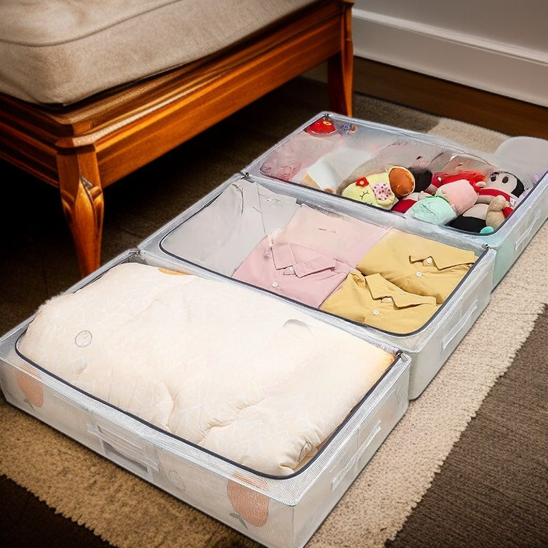 กล่องเก็บเสื้อผ้าใสใต้เตียงในหอพัก ขนาดใหญ่ กันน้ำพร้อมโครงเหล็กแบบแบน