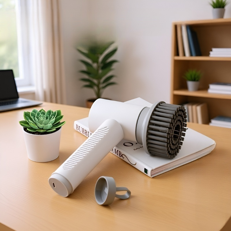 User cleaning grout lines with electric cleaning brush