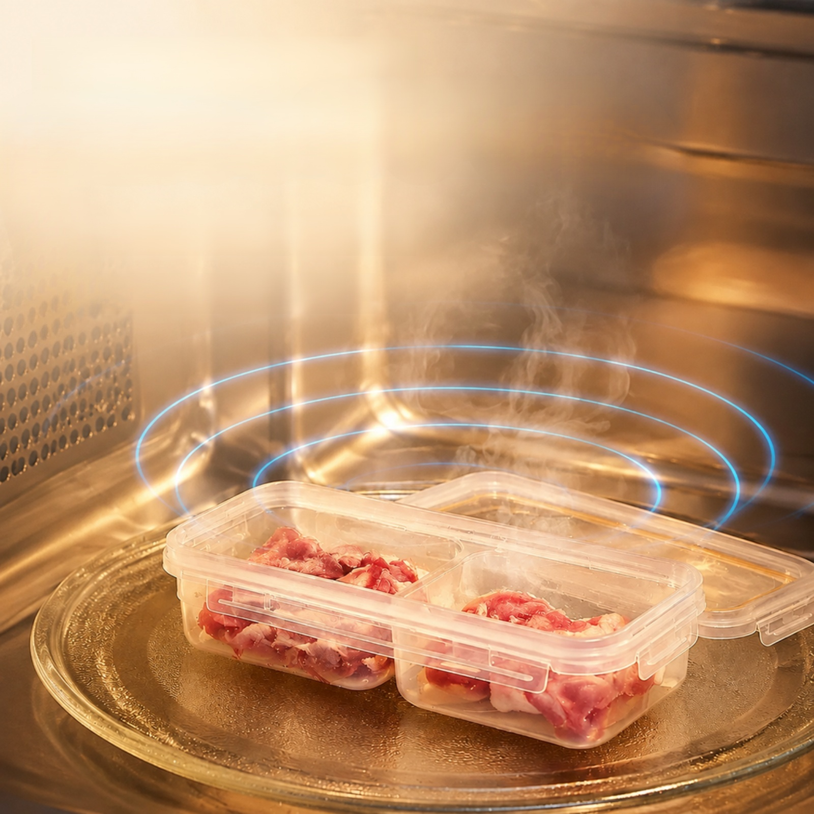 食品グレードの電子レンジ対応肉用冷凍保存容器、臭いの混ざりを防ぐ密閉構造、および週ごとの食材準備用保存容器。