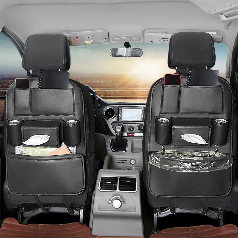 Car seat backrest organizer with multiple pockets for storage