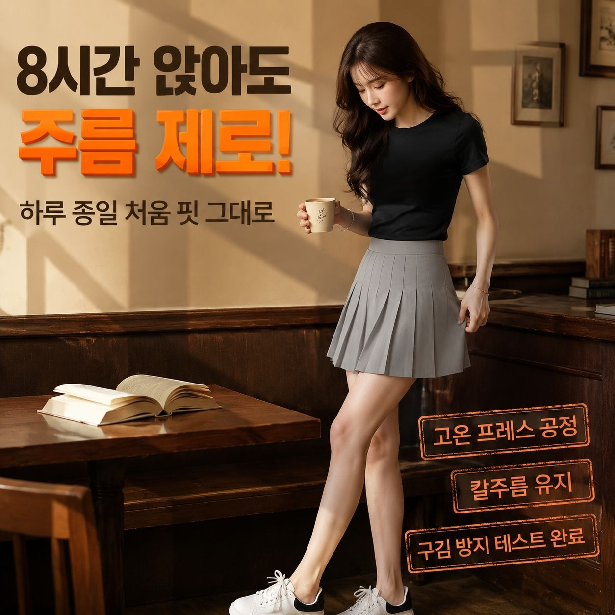 여성 하이웨스트 슬림핏 플리츠 롱 스커트 카키