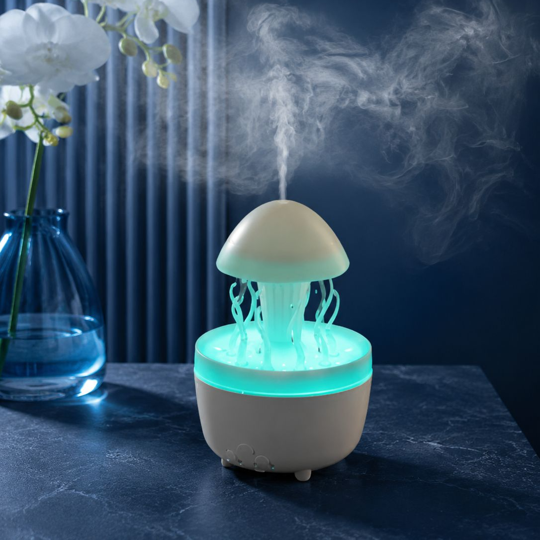 Diffuseur d’huiles essentielles en forme de méduse tournante avec gouttes de pluie
