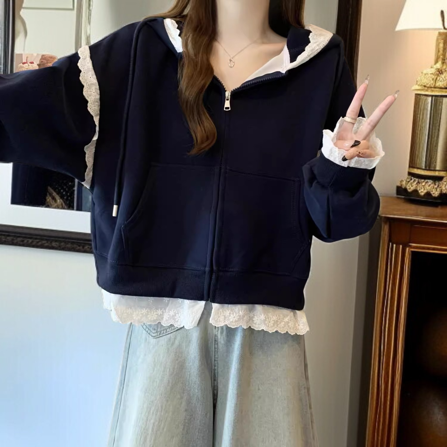 春秋新作 ヨーロッパ風大きいサイズ 上品レースフードパーカー アウター