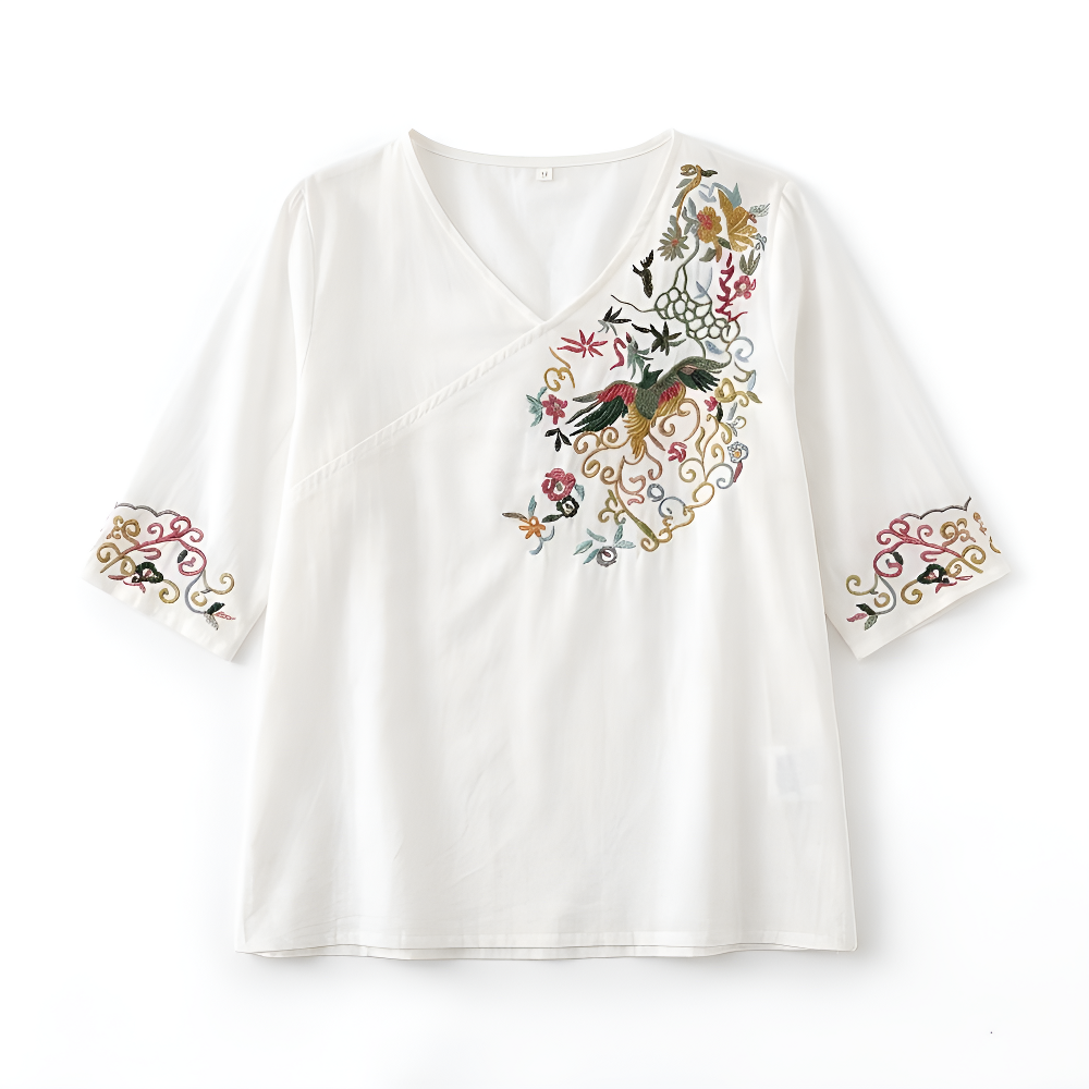 スリム効果レトロ刺繍レディース半袖シャツ