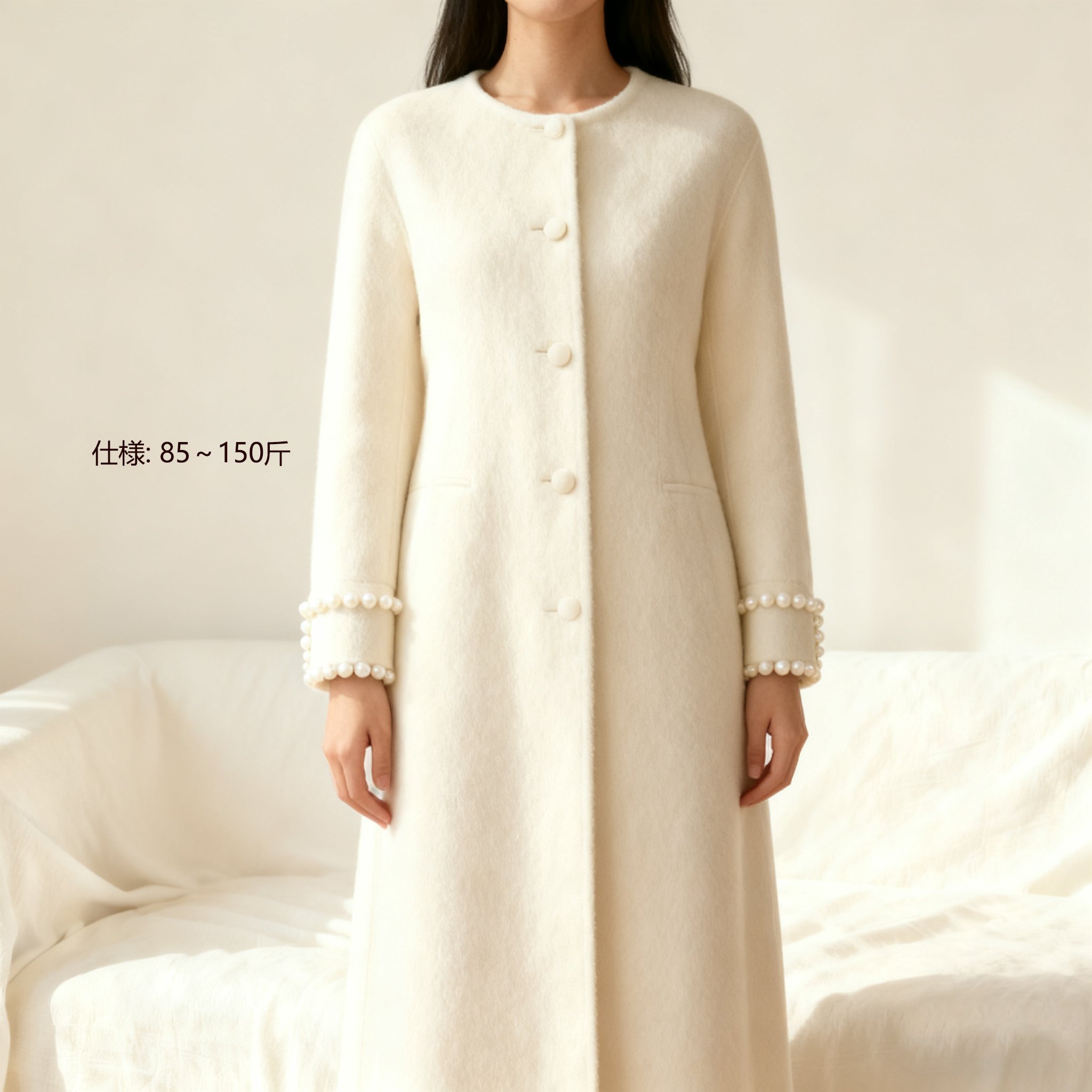 上品なベージュ色のパールアクセントトレンチコート