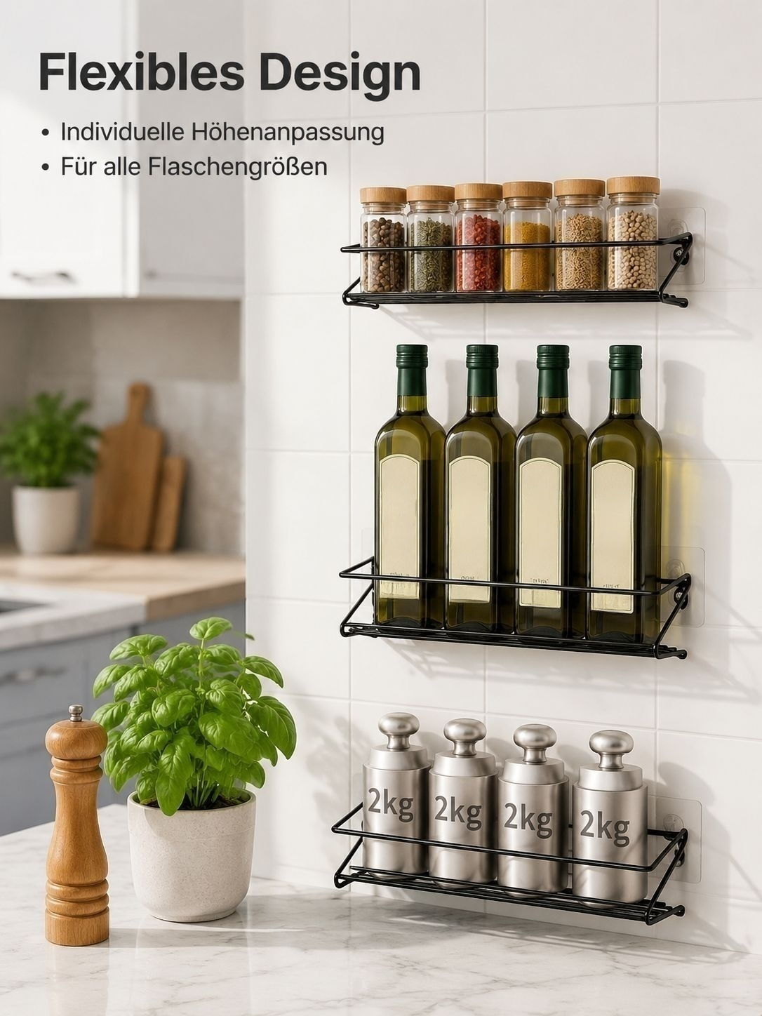 Küchenregal für Gewürzgläser, Dosen und Küchenhelfer