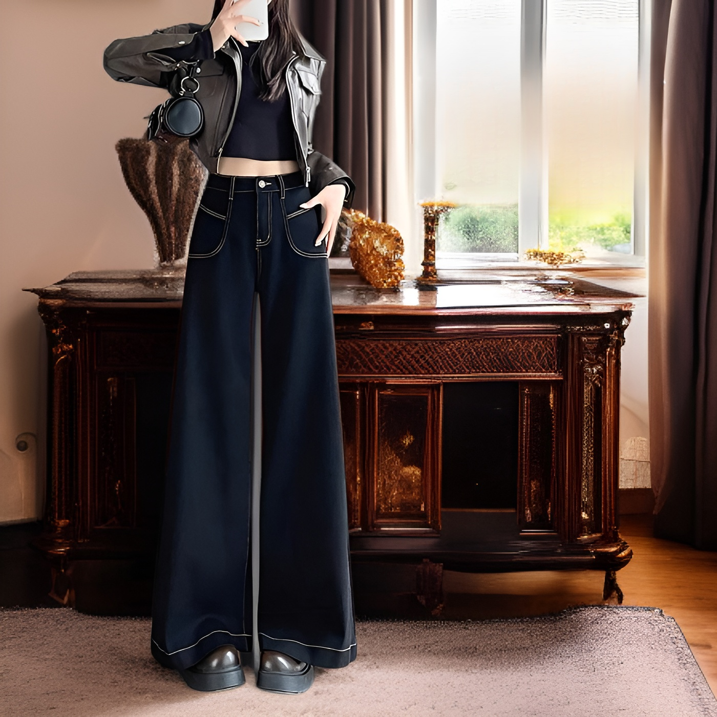 여성 개더 하이 웨스트 와이드 데님