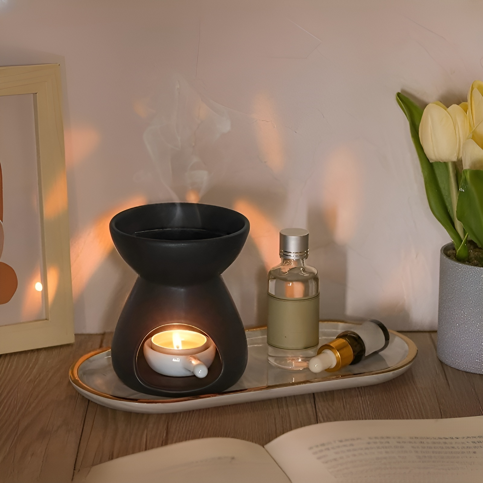  Vintage Black Ceramic Aromatherapy Burner for Home Spa & Salon