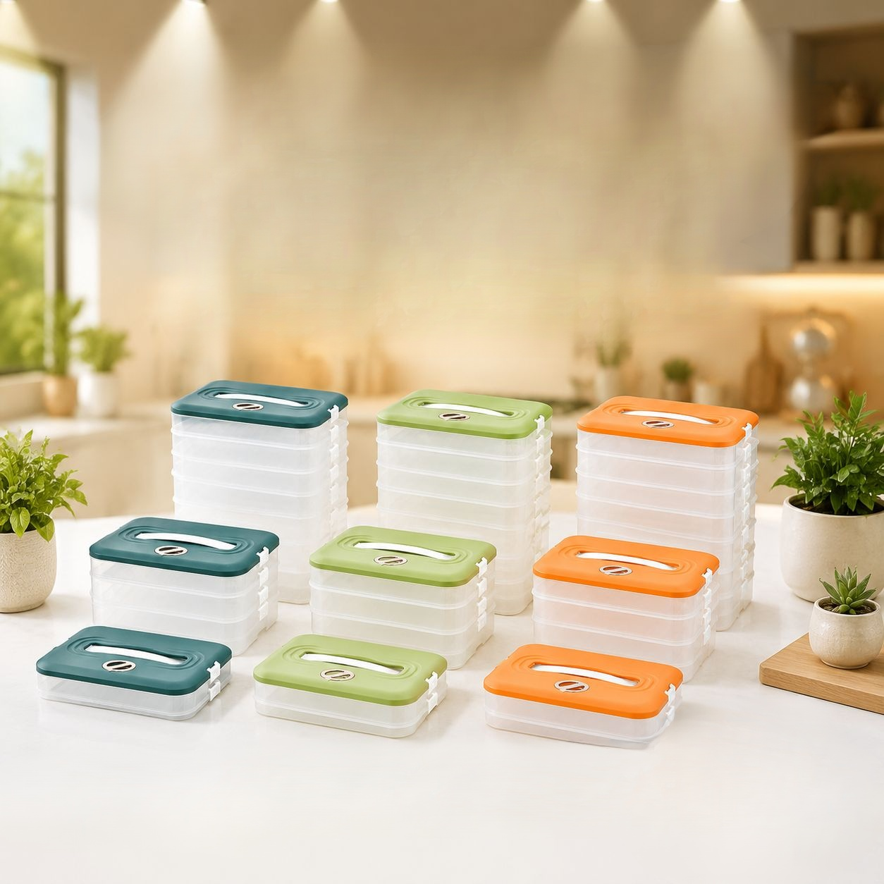 Multiple food storage boxes neatly organized in freezer