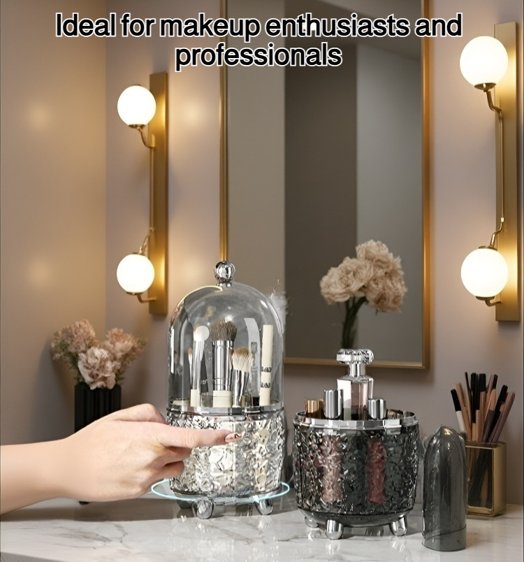 Clear cosmetic organizer holding makeup brushes