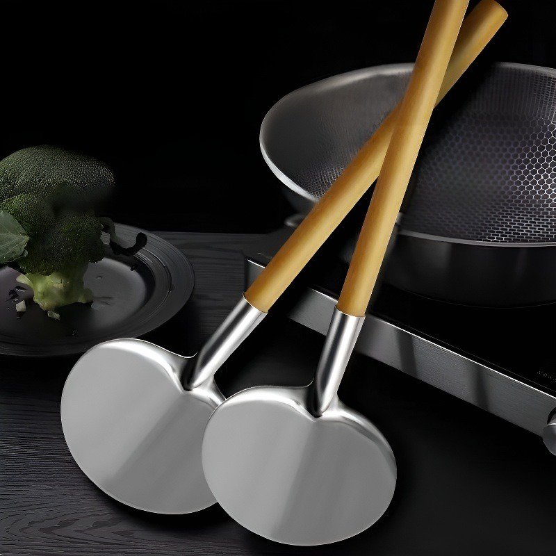 Solid Wood Handle Nonstick Pan Round Stir-fry & Turner Spatula