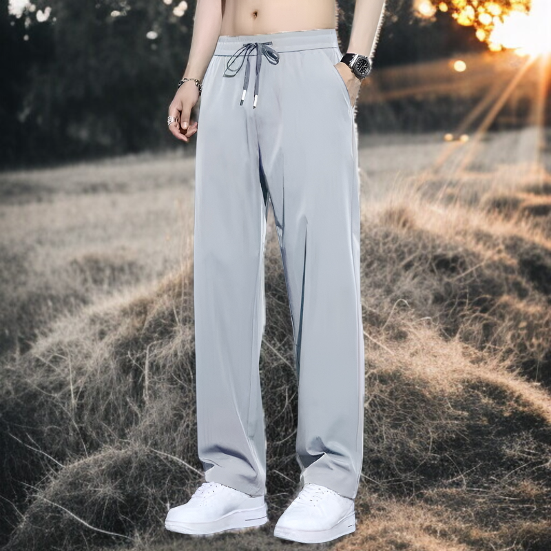 夏の薄いアイスシルクパンツメンズルーズストレートパンツドレープパンツ速乾スポーツパンツカジュアルパンツ