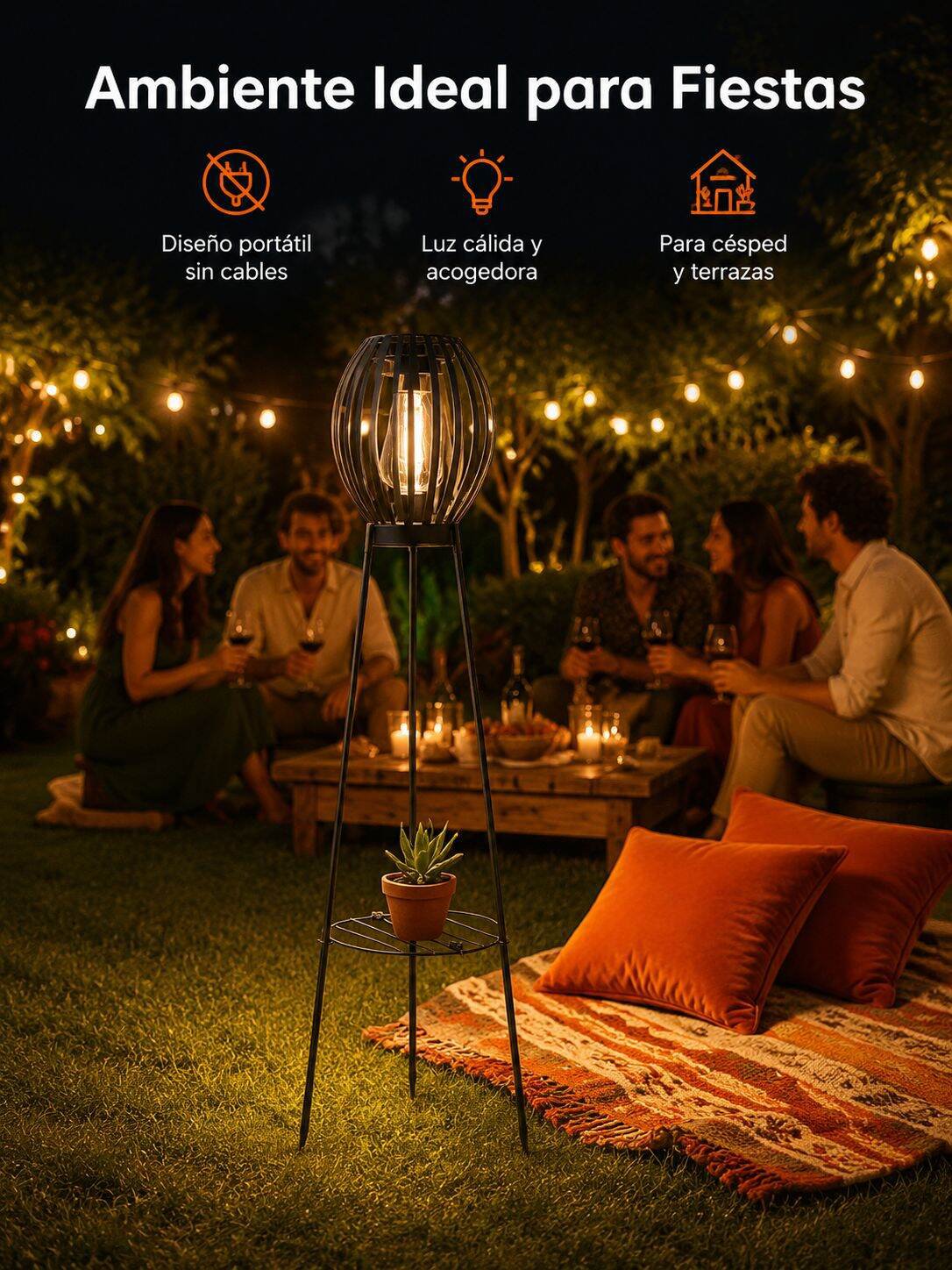 Lámpara solar de ambiente para jardín con trípode y cesta de flores