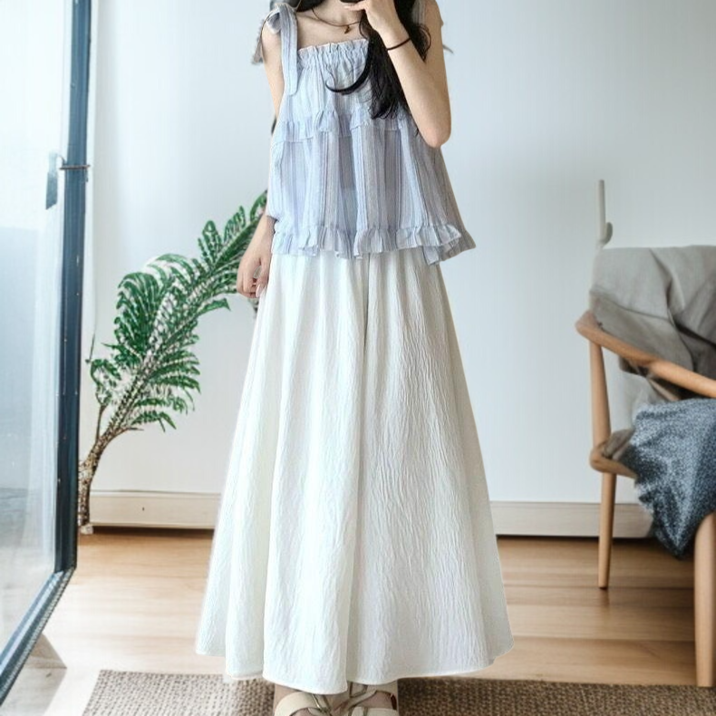 핑크 치마바지녀 여름 얇은 키에 샤랄라 주름 a라인 스커트 하이웨스트 슬림핏 와이드 팬츠