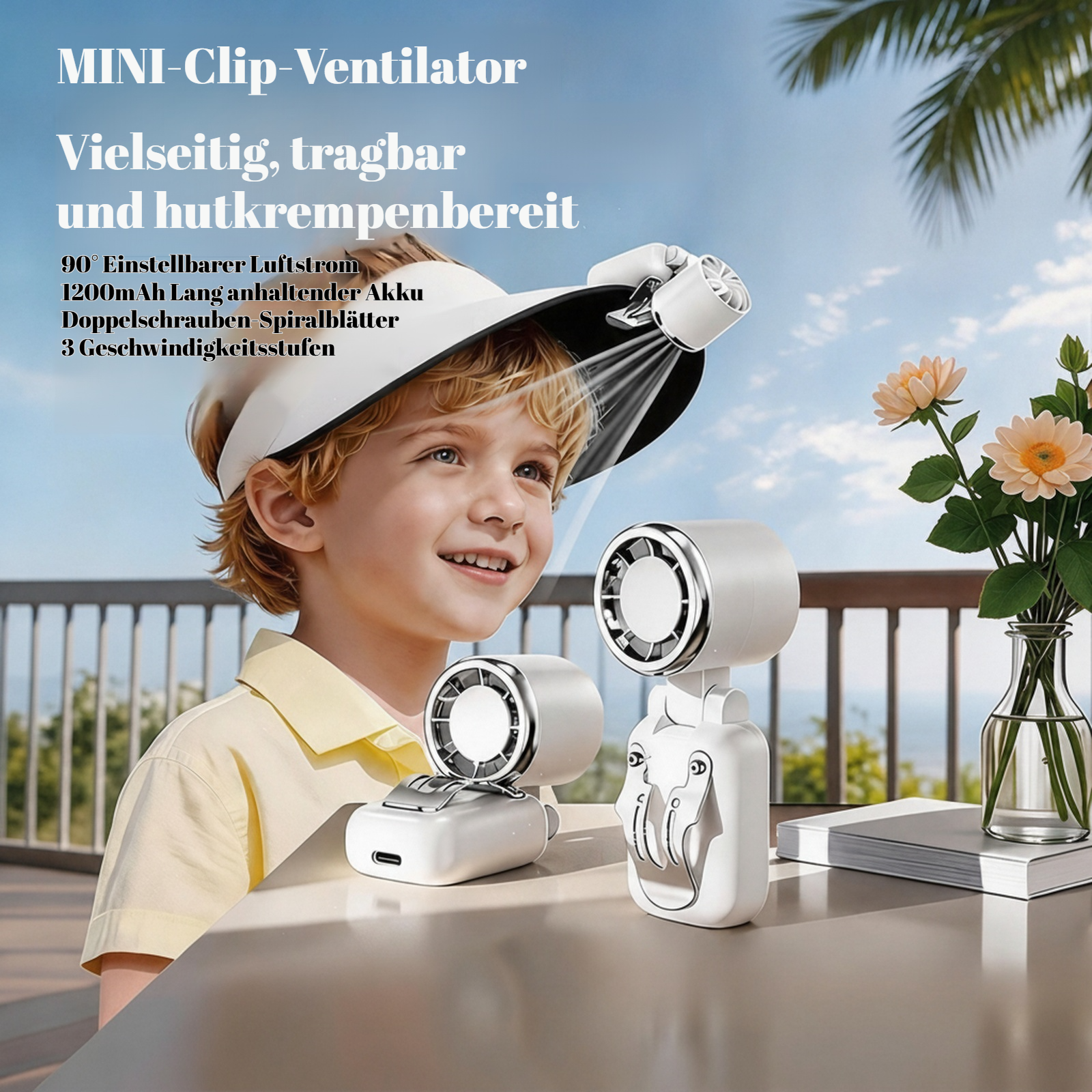 Tragbarer Handventilator mit großer Windkraft, USB-aufladbar, Mütze-Lüfter mit langer Akkulaufzeit