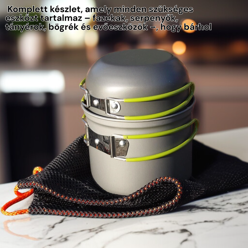 Kültéri hordozható főzőkészlet 12 fő részére edényekkel és evőeszközökkel