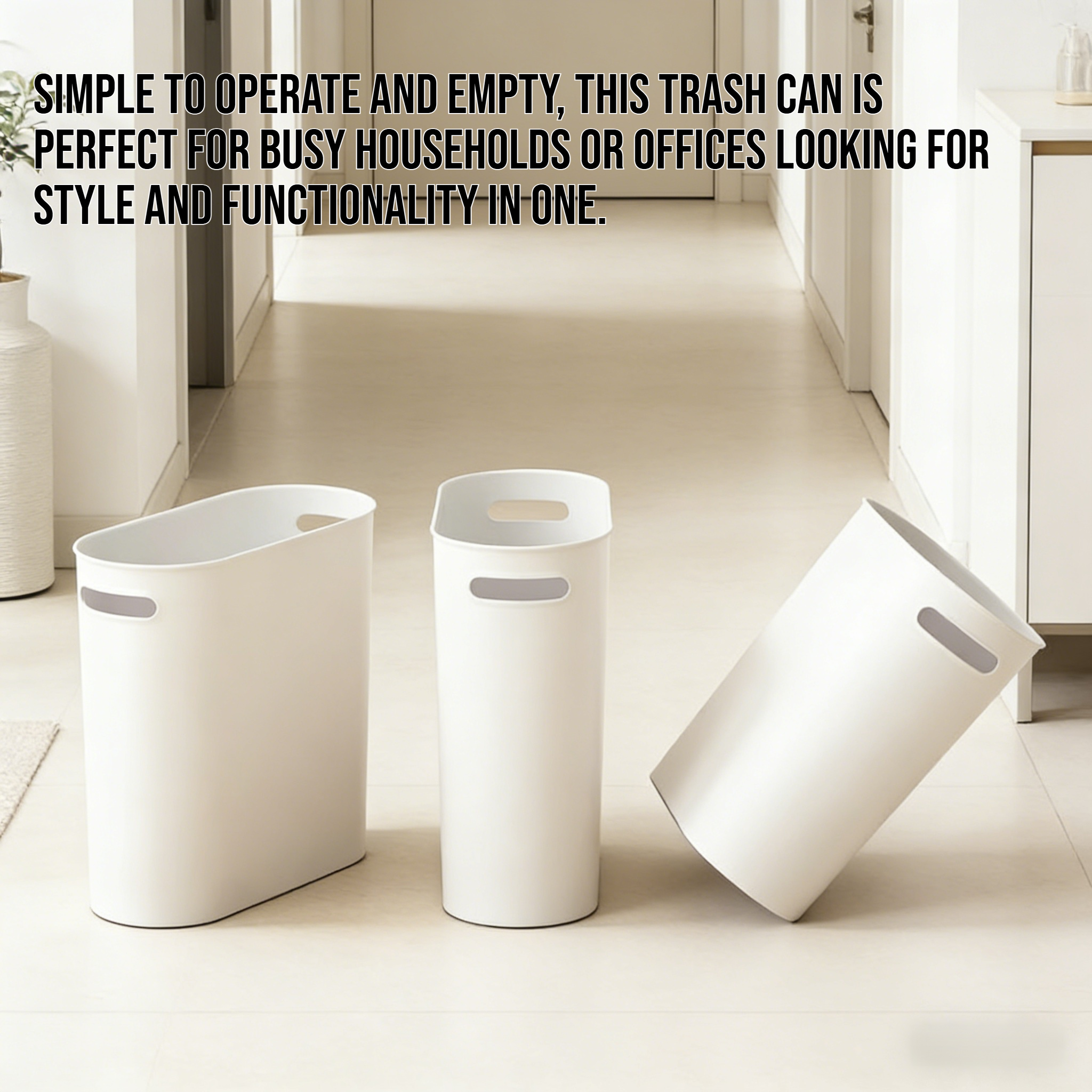 Slim space-saving trash bin with easy push-button lid