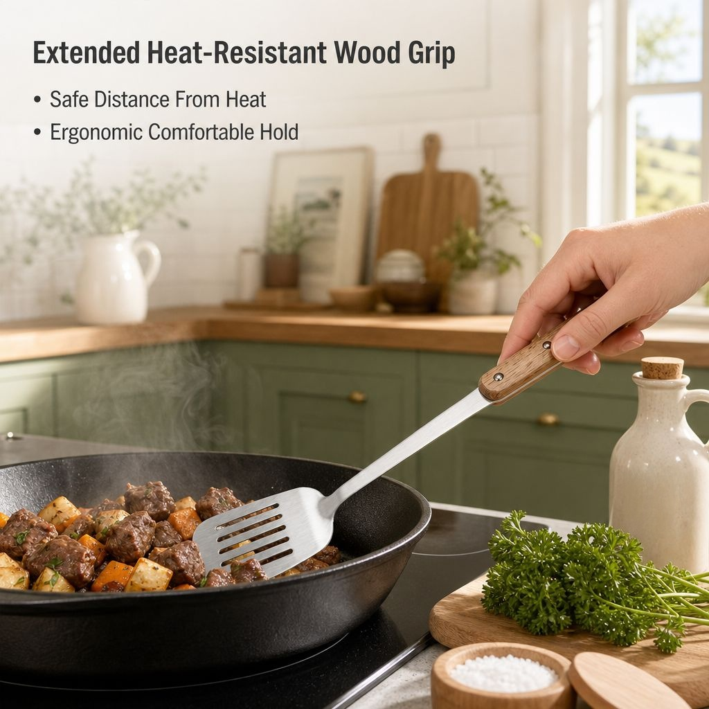 Thickened Stainless Steel Spatula with Wooden Handle for Home Cooking