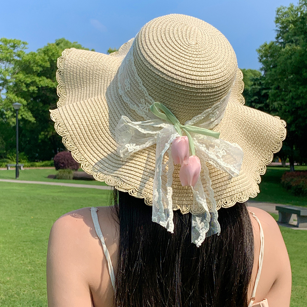 透氣草帽郁金香遮陽帽夏季時尚紗蝴蝶結海邊度假太陽帽