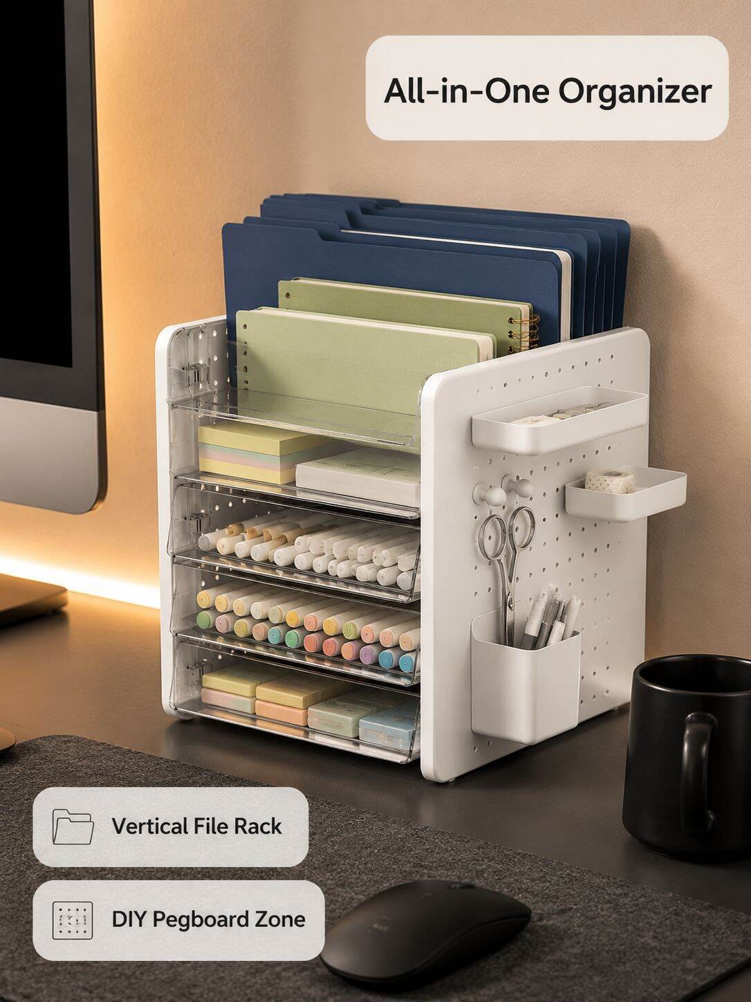 Desktop Pegboard Storage Box Makeup Organizer File Sorting Rack