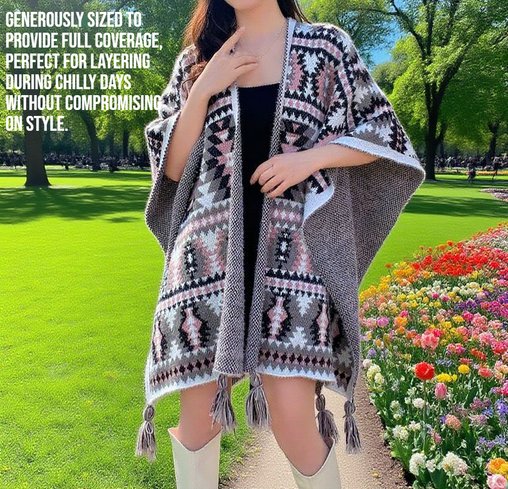 Model wearing double-sided woolen shawl for women