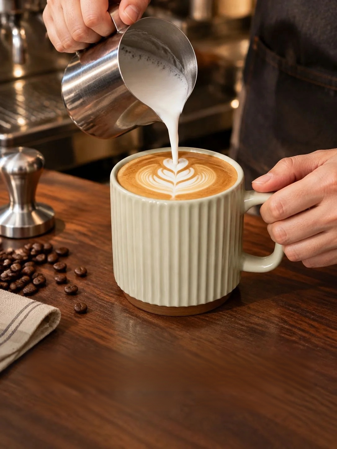 Lifestyle photo of Retro Beige Stacking Mug on a countertop